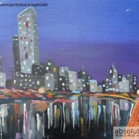 Eliza Donovan: 'Melbourne Skyline at Night', 2013 Acrylic Painting, Cityscape. Artist Description:  A night Melbourne cityscape featuring the Yarra river, Federation tower and Melbourne casino. Melbourne, Australia, Yarra river, cityscape, night, lights, reflection on water, abstract, ultramarine, purple, street ...