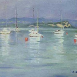 Aurelio Zerla: 'Boats on Lake Garda', 1991 Oil Painting, Marine. Artist Description: White boats gently floating on tranquil Lake Garda, Italy, seen from Bardolinos shoreline. ...