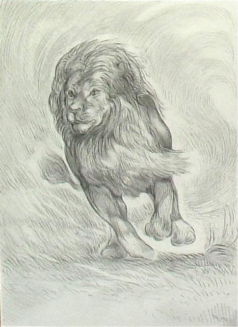 Austen Pinkerton  'Charging Lion', created in 2005, Original Painting Ink.
