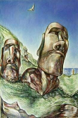 Austen Pinkerton: 'Easter Island No 2 ', 2008 Giclee, History. View of a grassy slope at Easter Island, with the sea in the distance. In the foreground are two standing stone heads, and one lying down, of which only the face is visible. Further away are more of the stone sculptures, and overhead flies a figure suspended from a hanglider. ...