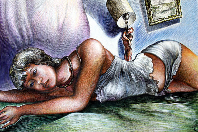 Austen Pinkerton  'Girl On Bed', created in 2007, Original Painting Ink.