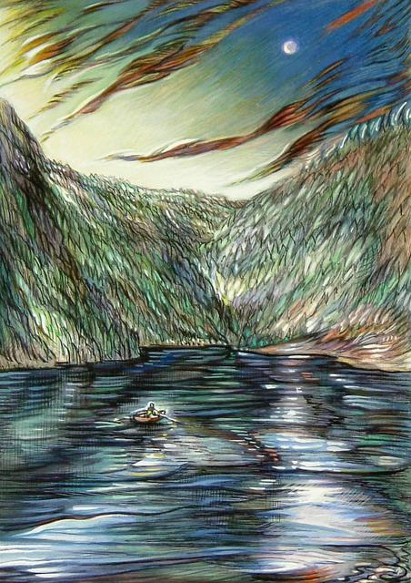 Artist Austen Pinkerton. 'Lake By Moonlight' Artwork Image, Created in 2005, Original Painting Ink. #art #artist