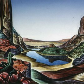 Austen Pinkerton: 'Lizard in a Desert Landscape', 1983 Acrylic Painting, Landscape. 