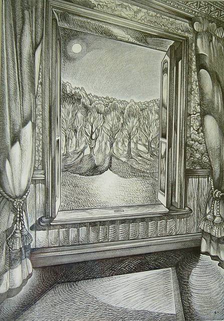 Artist Austen Pinkerton. 'Moonlight Through Open Window' Artwork Image, Created in 2003, Original Painting Ink. #art #artist