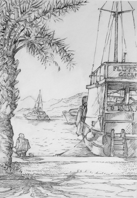 Austen Pinkerton  'Quay At Gocek', created in 2016, Original Painting Ink.