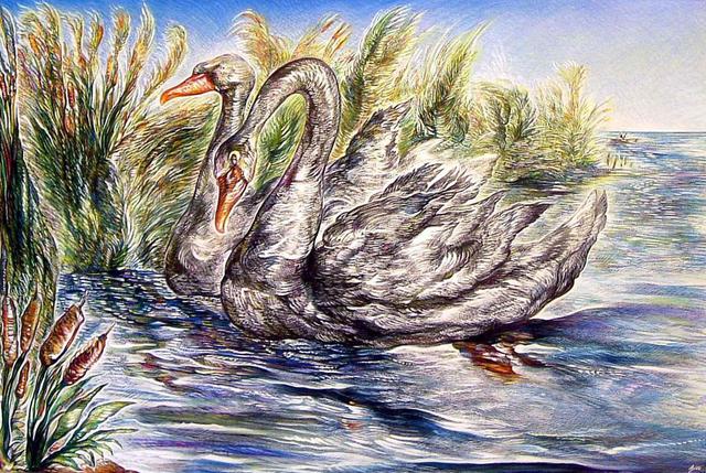 Artist Austen Pinkerton. 'Swans' Artwork Image, Created in 2008, Original Painting Ink. #art #artist