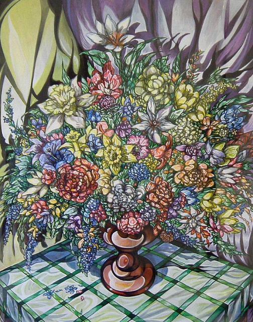 Artist Austen Pinkerton. 'Vase Of Flowers' Artwork Image, Created in 1998, Original Painting Ink. #art #artist