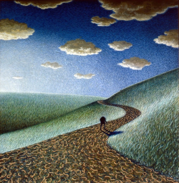 Austen Pinkerton  'Figure On Path With Sunset', created in 1978, Original Painting Ink.