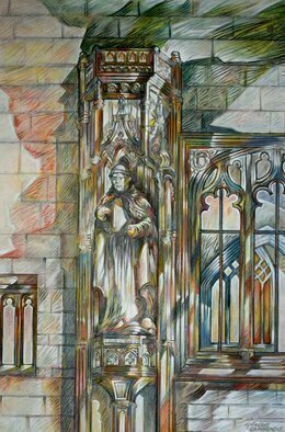 Austen Pinkerton: 'giraldus cambrensis', 2020 Crayon Drawing, Architecture. Just finished. Started well before lockdown at St Davids Cathedral, Pembrokeshire, UK It s of a sculpture in a niche in the fan vaulted chapel at the rear of the Cathedral.  Giraldus Cambrensis ,  Gerald of Wales  . Picture is 30 x 42 cm approx, Watercolour crayon and White gouache. ...