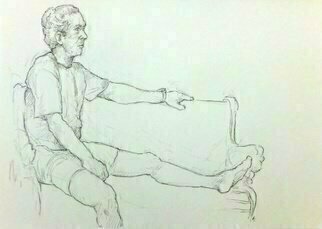 Austen Pinkerton: 'indigo on garden bench', 2021 Pencil Drawing, Life. Sketch of artist model Indigo Latto in garden at my home in South West Wales...