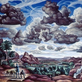 Austen Pinkerton: 'landscape with robot and dogs', 1983 Acrylic Painting, Landscape. Artist Description: robot cripple dogs landscape clouds science fiction...