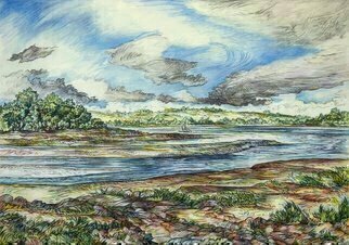 Austen Pinkerton: 'landshipping', 2018 Crayon Drawing, Landscape. clouds estuary mud water trees sky ...