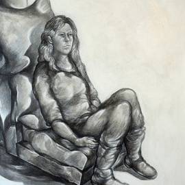 Austen Pinkerton: 'sally seated', 2019 Acrylic Painting, Portrait. Artist Description: New painting just finished   Sally seated . . . . . in what they call  en grisaille  , Acrylic on canvas, 40 x 50 cm. Started off as a painting from life but worked it up at home later  from memory . ...