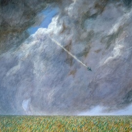 Austen Pinkerton: 'stormy sky with aeroplane', 1978 Acrylic Painting, Landscape. 