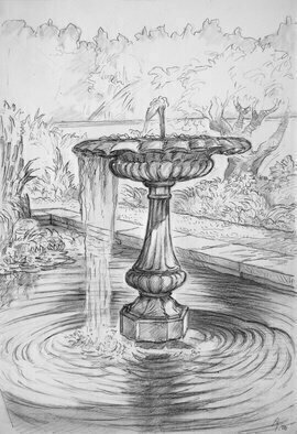 Austen Pinkerton: 'the fountain at picton castle', 2020 Pencil Drawing, Landscape. New drawing I ve just completed with the Narberth Art Group,  Narberth U. K.  Finished at home after mostly done on site :  The Fountain in the Lily Pond at Picton Castle Gardens . 28 x 21 cm. Pencil, blender,   some white gouache.  ...