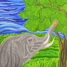 Bryan Davis: 'elephant and forbidden fruit', 2019 Acrylic Painting, Wildlife. Artist Description: I love elephants and the reach of there trunks and the fact that they are so huge.  I was inspired by a battle buddie of mine that also likes Elephants.  I started with the landscape and pictured it pulling the last peace of fruit from a Tree.  I ...