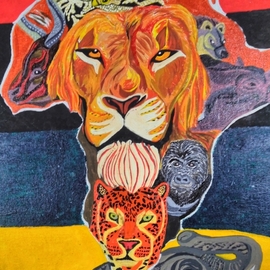 Bryan Davis: 'the king and his jungle mates', 2019 Acrylic Painting, Wildlife. Artist Description: Tough Animals of Africa.  Animals in this Map of Africa had to be cunning and deadly.  I used Acrylic paints.  This painting is a part of a 15 peace African collection that I started and is the 2nd peace.  It took me over 1 month on the Lion ...