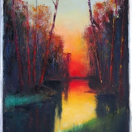 Nataliia Bahatska: 'sunset', 2017 Oil Painting, Landscape. Artist Description:  Original painting, Oil, Figurative Art, Impressionism, Classicism, Realism, Fabric, Cotton, Canvas, Botanic, Water, Seasons, Tree, Places, water, trees, forest, lake, sunset, red, green, sky ...