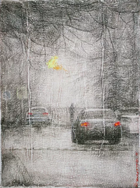 Nataliia Bahatska: 'winter in the city', 2018 Other, Cityscape.  	In the morning we saw that everything was in the snow. So winter has come. The trees stand as if covered with white fluffy lumps of cotton wool. Snow was everywhere: on the roofs of houses and buildings, cars, sidewalks. From this it seemed that the day was much brighter...