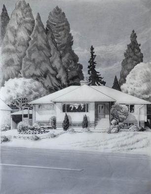 Gabriella Morrison: 'Guenther House', 2005 Pencil Drawing, Undecided. One of a series of drawings that explore the theme of suburban housing through a combination of tropes of Real Estate advertising images and picturesque landscape....