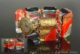 Dolores Barrett: 'Red Corvette Watch', 2006 Fused Glass, Abstract.  Vivid red and gold lusters accent this bold fashion accessory.  Gold tone watch face with rhinestone accents. ...