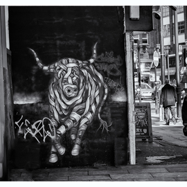 Barry Hurley: 'raging bull', 2018 Black and White Photograph, Urban. Artist Description: London s east end has become a cultural hot bed for street urban art. This seems to have been unnoticed by the passerby. ...
