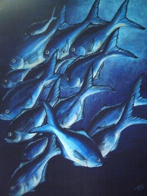 Susan Lewis: 'A Moment of Blue', 2006 Acrylic Painting, Fish. Many hues of blues, lavender, seagreenIrridescents in copper, silver and gold reflect from eyes, bellies, fins. Acrylic on wallboard...