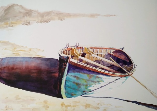 Artist Volha Belevets. 'Boat And Sand' Artwork Image, Created in 2018, Original Watercolor. #art #artist