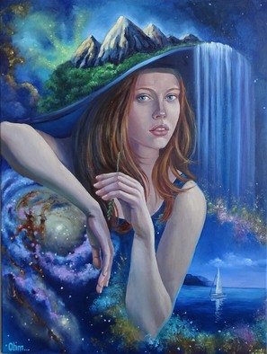 Svetlana Belova: 'surrealistic painting ohm', 2019 Oil Painting, Surrealism. Painting in the style of surrealism. The girl in the hat shows unity with the universe and space. ...
