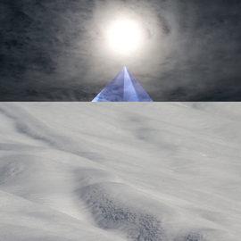 Bruno Paolo Benedetti: 'albedo the white work', 2013 Digital Photograph, Surrealism. Artist Description: albedo representation. The second step of the Alchemy, the white work, evolution called white work. Dream landscape with snow on foreground, rising blue pyramid on black horizon with sun and light reflections on surrounding clouds. Surrealism photography. Single copy printed on Kodak Endura metallic paper, signed and numbered ...