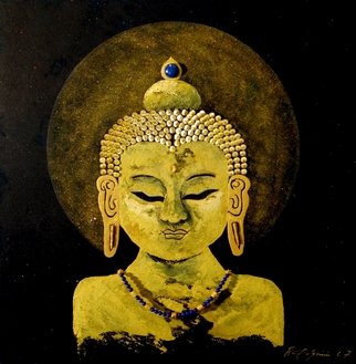 Benno Fognini: 'Buddha', 2007 Acrylic Painting, Buddhism.  50x50cm Acryl/ Sand- Mischtechnik auf Leinwand, Lapiz- Lazuli Schmuck und Golddekor - in Privatbesitz- ...