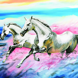Phil Mokaraka Berry: 'horses at sunset', 2016 Acrylic Painting, Animals. Artist Description: Horses galloping in the clouds. ...