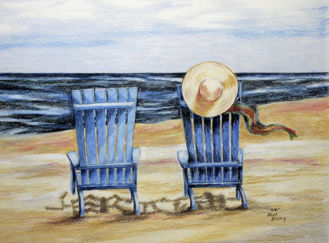 Ron Berry  'Blue Chairs And A Hat', created in 2014, Original Drawing Pencil.