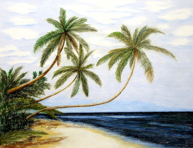 Ron Berry  'Palms Over White Beach', created in 2014, Original Drawing Pencil.