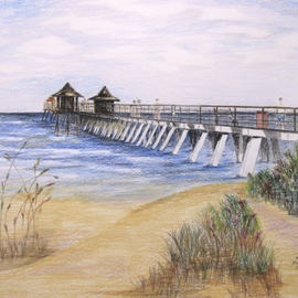 Ron Berry Artwork Pier and Bushes, 2015 Pencil Drawing, Beach