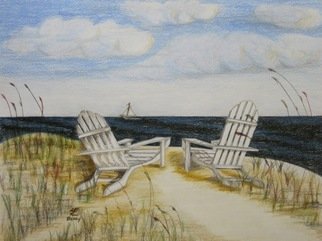 Ron Berry: 'White Adirondack Chairs Alone', 2013 Pencil Drawing, Beach. 