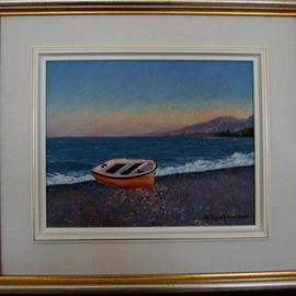 Bessie Papazafiriou: 'A Boat Named Sophia', 2000 Oil Painting, Seascape. Artist Description:  I found this boat during an early evening stroll along a beach in Nikolaika, Greece.  The name Sophia is written in Greek on its side.CommentsFramed...