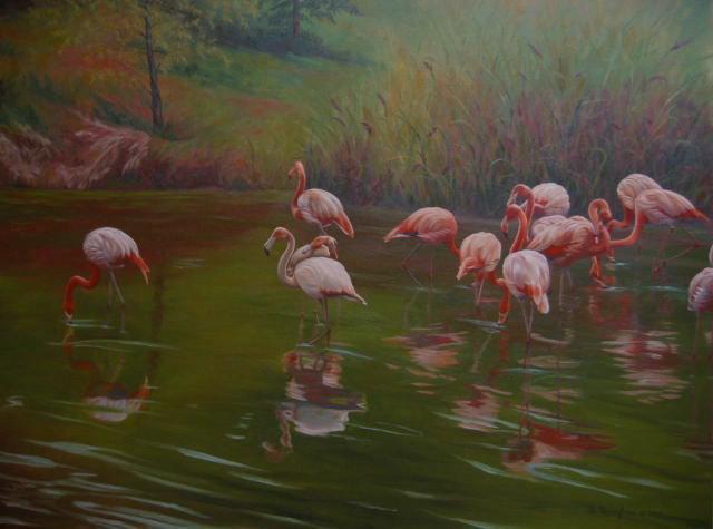 Bessie Papazafiriou  'Flamingos', created in 2006, Original Mixed Media.