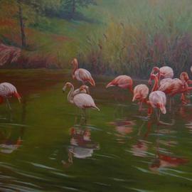 Bessie Papazafiriou: 'Flamingos', 2006 Oil Painting, Birds. 