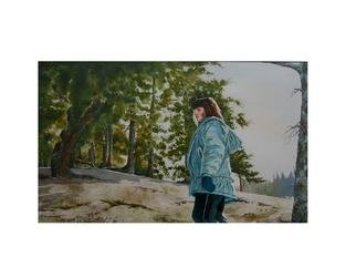 Bessie Papazafiriou: 'Mountain Girl', 1998 Watercolor, Portrait.      Mountain Girl depicts a young girl exploring the mountains of Greece.Comments:  Framed...