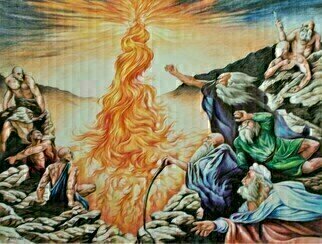 Jim Collins: 'elijah calls down the fire', 2018 Watercolor, Christian. Elijah calls on God to bring down the fire from heaven to prove to Israel that God is real and the prophets of Baal are false...
