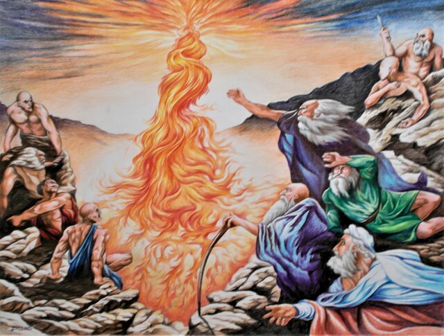 J Collins  'Elijah Calls Down The Fire', created in 2018, Original Illustration.