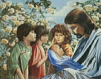 Jim Collins: 'jesus and the children', 2024 Oil Painting, Christian. Forsake not the children to come to me for as such is the kingdom of heaven from Matthew 19: 14...