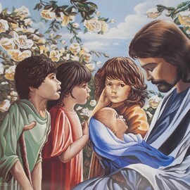 Jim Collins: 'jesus and the children', 2024 Oil Painting, Christian. Artist Description: Forsake not the children to come to me for as such is the kingdom of heaven from Matthew 19: 14...