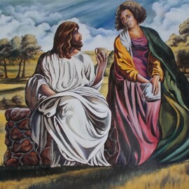 Jim Collins: 'jesus and woman at the well', 2024 Oil Painting, Religious. Artist Description: Jesus reveals He is the Christ to the woman at the well from John4: 4- 42...