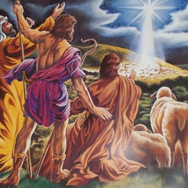 Jim Collins: 'jesus birth at bethlehem', 2024 Oil Painting, Christian. Artist Description: The star over Bethlehem signals to the wise men and shepards the birthplace of Jesus from Matthew 1...