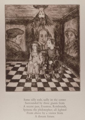 Bert Menco: 'The Visit', 1989 Etching, Fantasy.  A visitor from beyond, a room walled with some famous people ...