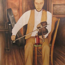 Bonie Bolen: 'Rye Whiskey, Rye Whiskey', 2015 Oil Painting, Family. Artist Description:  Painting from a photo of my Dad playing fiddle sometime in the 70's. I wanted the wood grain of the oak plywood to come through, so I painted it in thin washes of oil and mineral spirits. The original photo cuts off his head and feet. I ...
