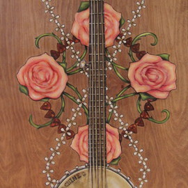 Bonie Bolen: 'This Machine', 2014 Oil Painting, Family. Artist Description: This is a painting of Pete Seeger' s banjo.' This Machine' is a nod to both Pete and Woody Guthrie. The pink rose represents my grandmother. There are 4 of them to represent my immediate family; myself, my sister, my mother and father. They are ...