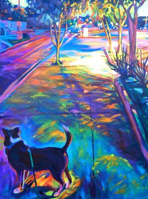 Bonnie Lambert: 'Scout at Twilight', 2014 Oil Painting, Cityscape.  cityscape, twilight, night, sundown, shadows, reflections, dog, puppy, rescue, happy, leash, wag, mutt, street, cars, autos, neighborhood, light, dappled ...